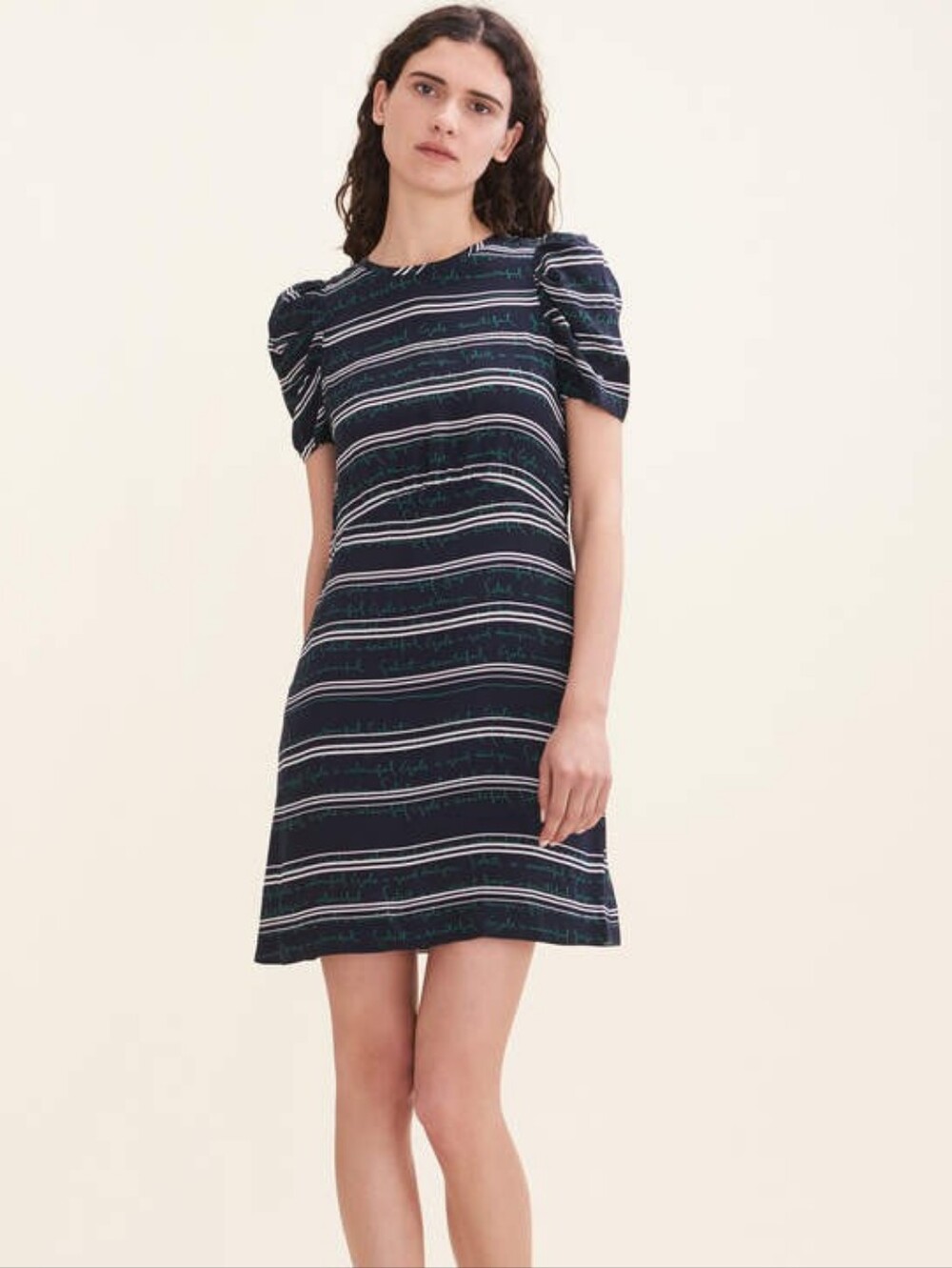New MAJE Romancier Text Print Woven Dress Navy Green Size 1 (US Small)